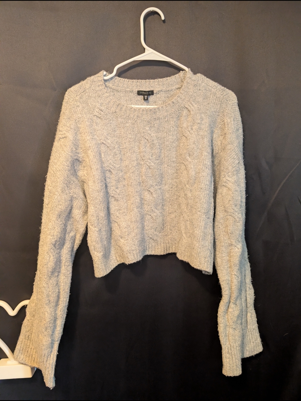 Dynamite Cable-Knit Crew Sweater in Light Gray Cropped Warm Cozy Wool Like - Picture 1 of 9